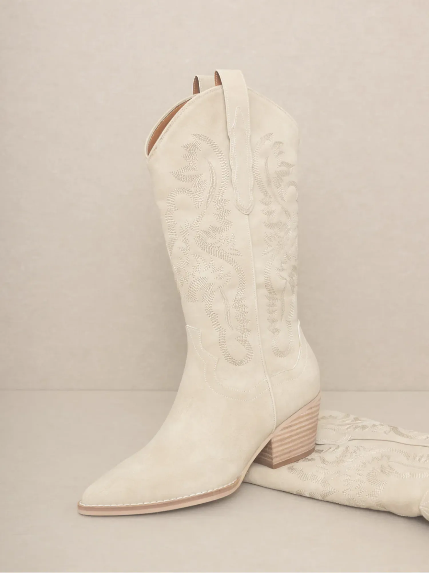 Amaya Embroidered Mid-Calf Cowgirl Boots (Taupe)
