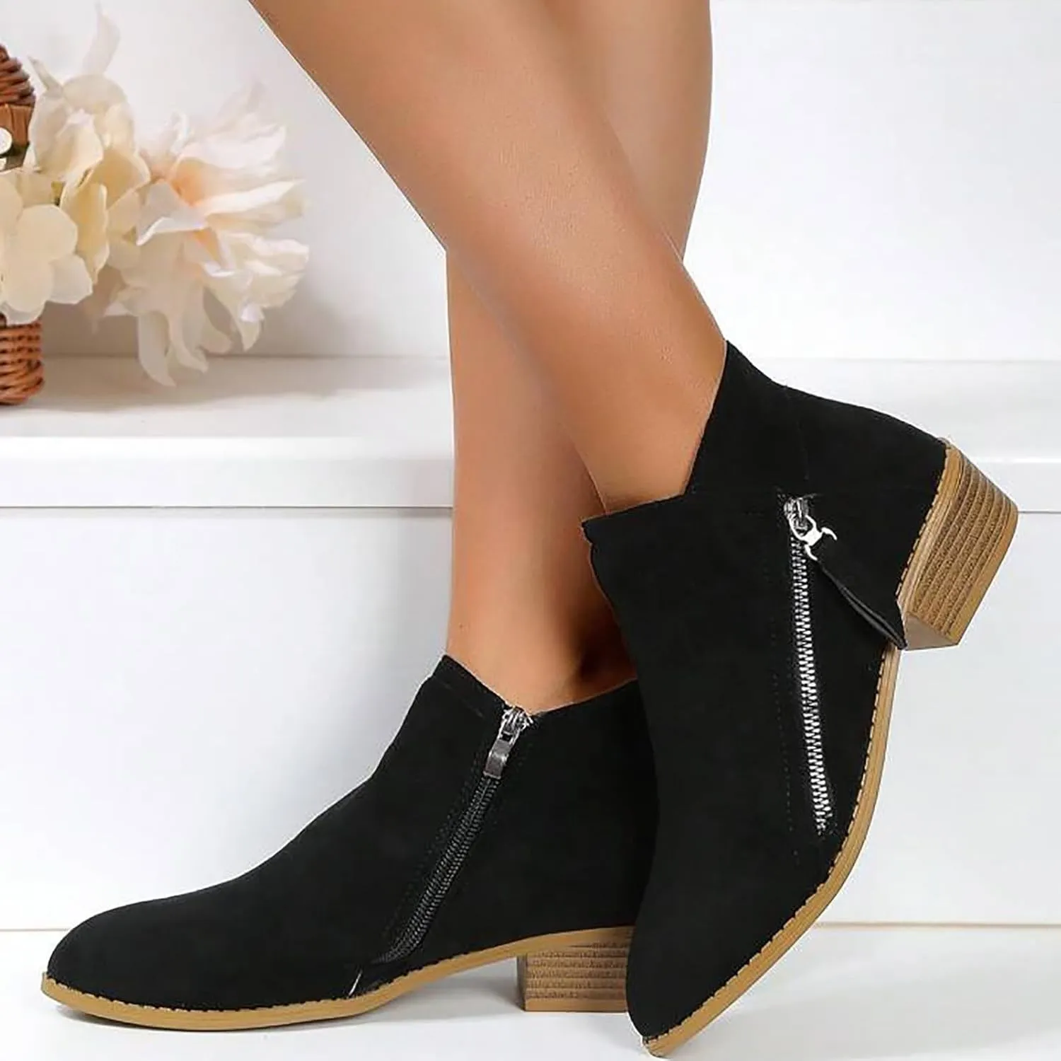 Ankle Boots for Women Low Heel Fall Boots for Women 2024 Trendy Casual Suede Slant Side Zipper Pointed Toe Boots