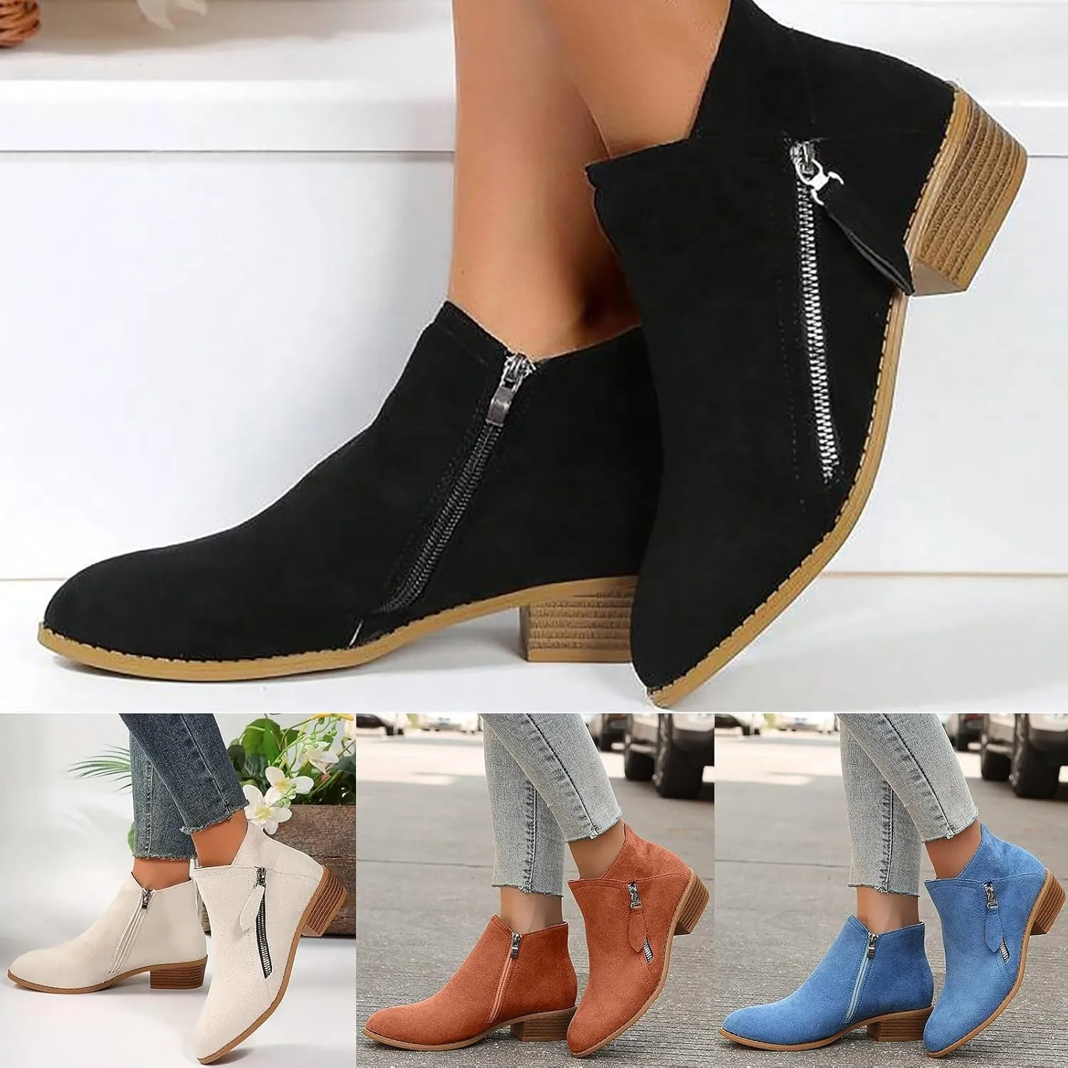 Ankle Boots for Women Low Heel Fall Boots for Women 2024 Trendy Casual Suede Slant Side Zipper Pointed Toe Boots