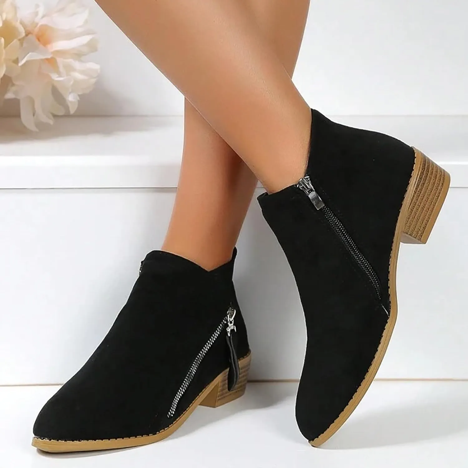 Ankle Boots for Women Low Heel Fall Boots for Women 2024 Trendy Casual Suede Slant Side Zipper Pointed Toe Boots