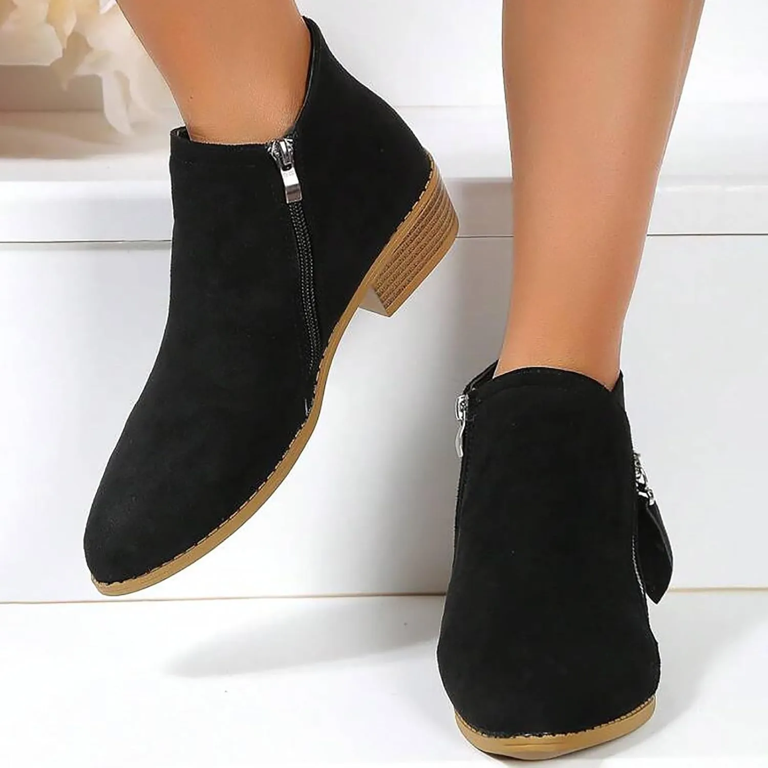 Ankle Boots for Women Low Heel Fall Boots for Women 2024 Trendy Casual Suede Slant Side Zipper Pointed Toe Boots