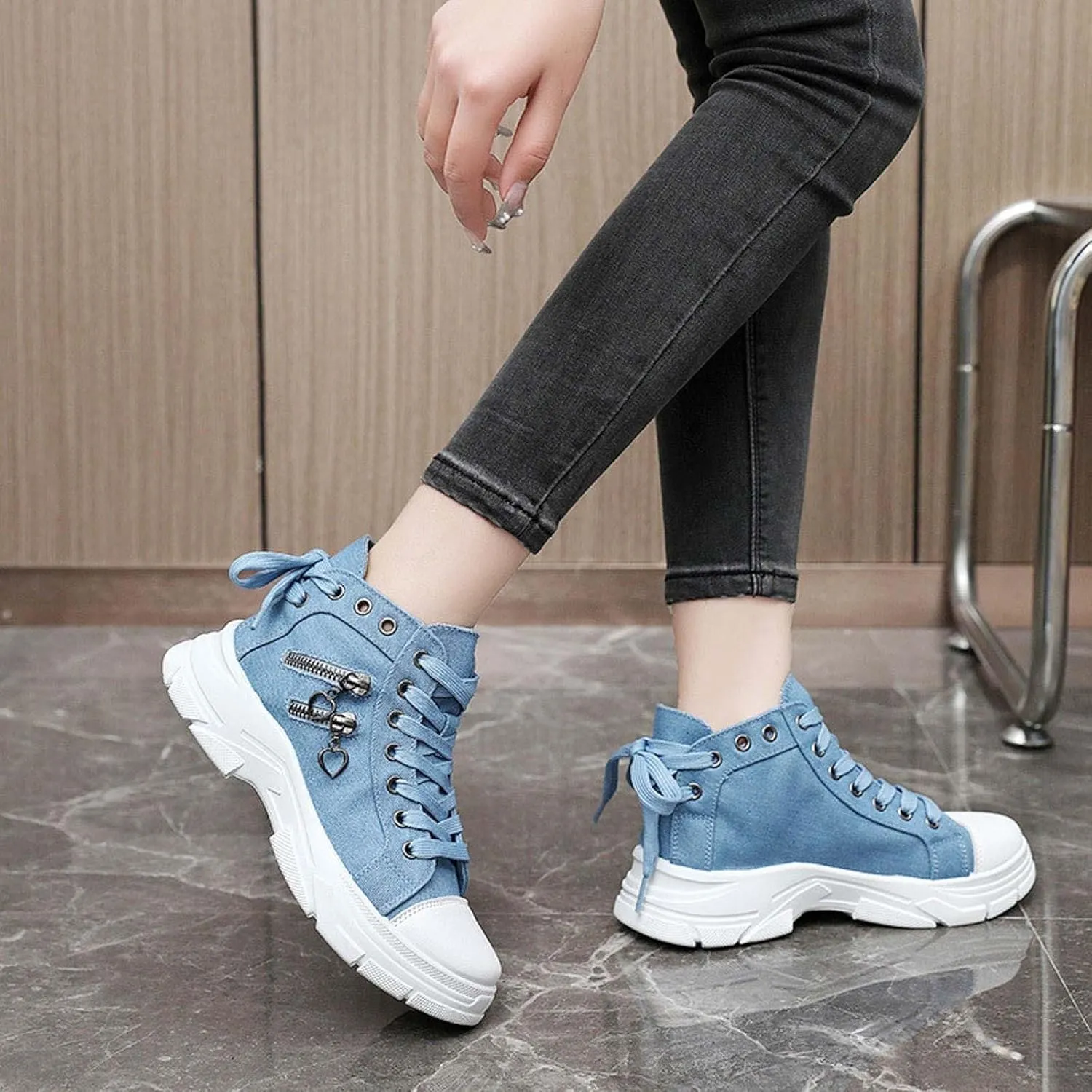 Canvas Shoes for Women High Top,Lace Up Platform Sneakers Thick Sole Heightening Casual Shoes Anti-Slip Walking Shoes
