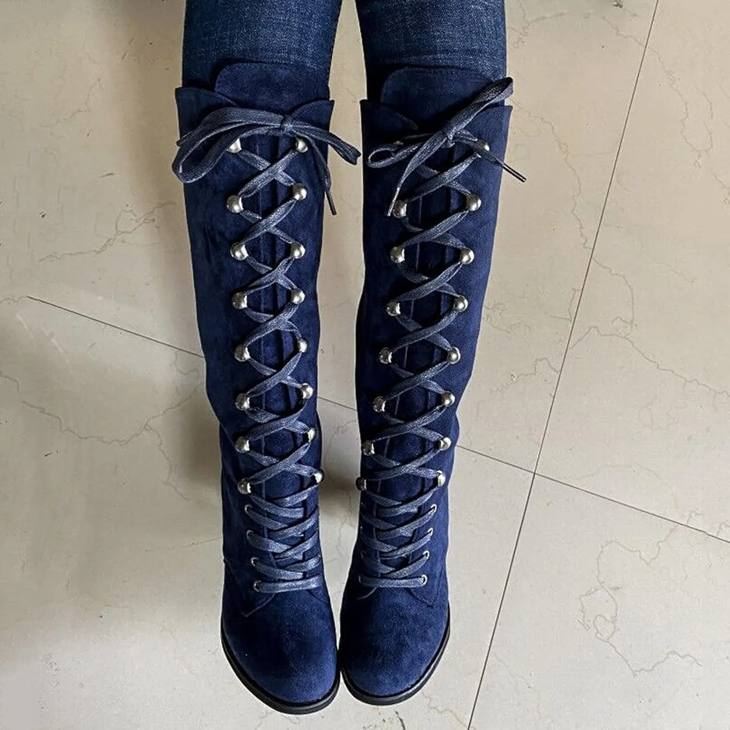 Combat Boots Womens Retro Vintage Lace-Up Thigh High Boots Suede Low Chunky Heels Knee High Long Boots