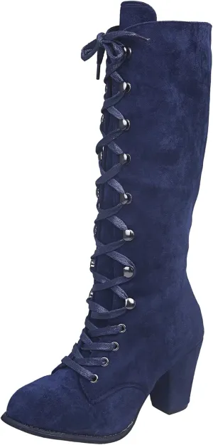 Combat Boots Womens Retro Vintage Lace-Up Thigh High Boots Suede Low Chunky Heels Knee High Long Boots