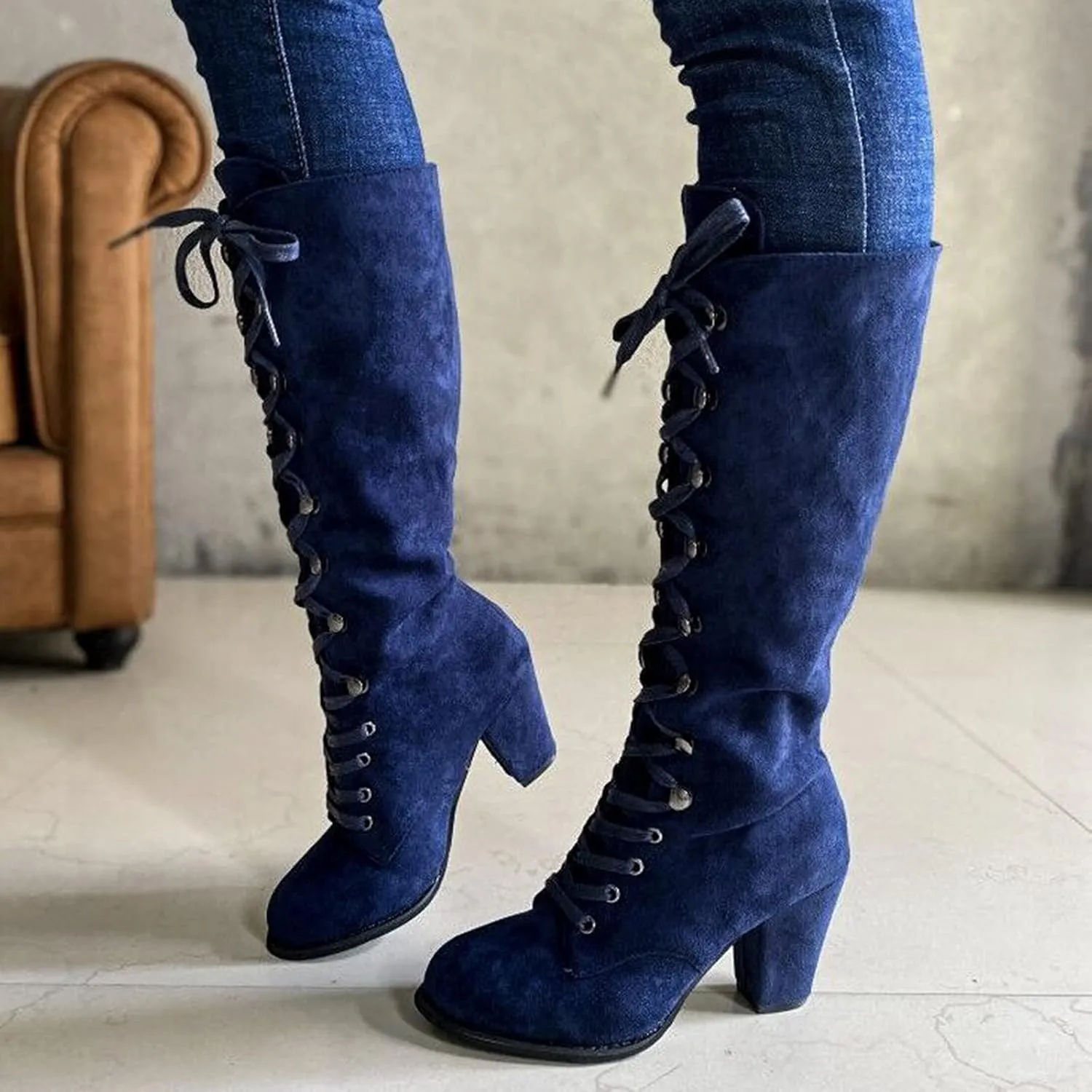 Combat Boots Womens Retro Vintage Lace-Up Thigh High Boots Suede Low Chunky Heels Knee High Long Boots