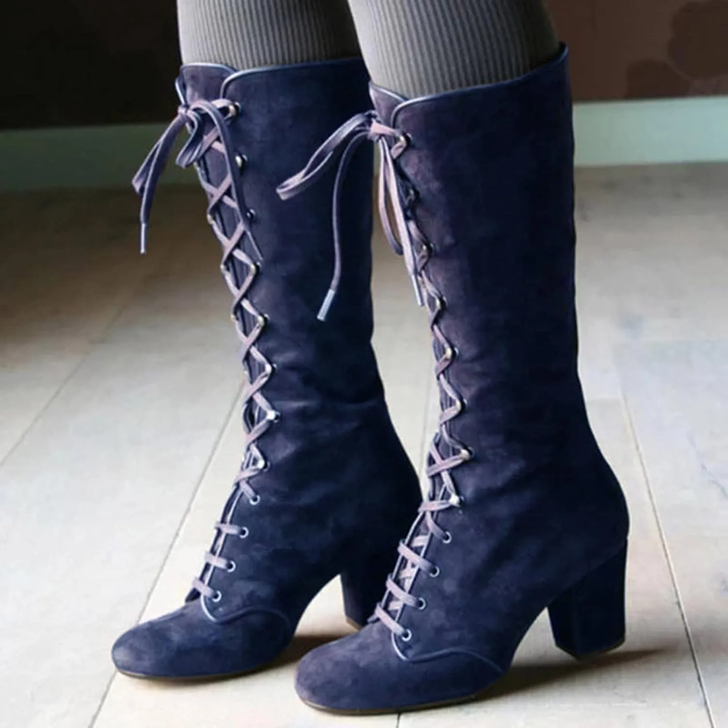 Combat Boots Womens Retro Vintage Lace-Up Thigh High Boots Suede Low Chunky Heels Knee High Long Boots