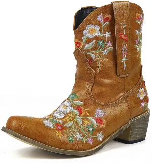 Cowboy Boots for Women Western Cowgirl Boots Chunky Heels Fashion Stitched Flower Embroidered Pointed Toe Slip on