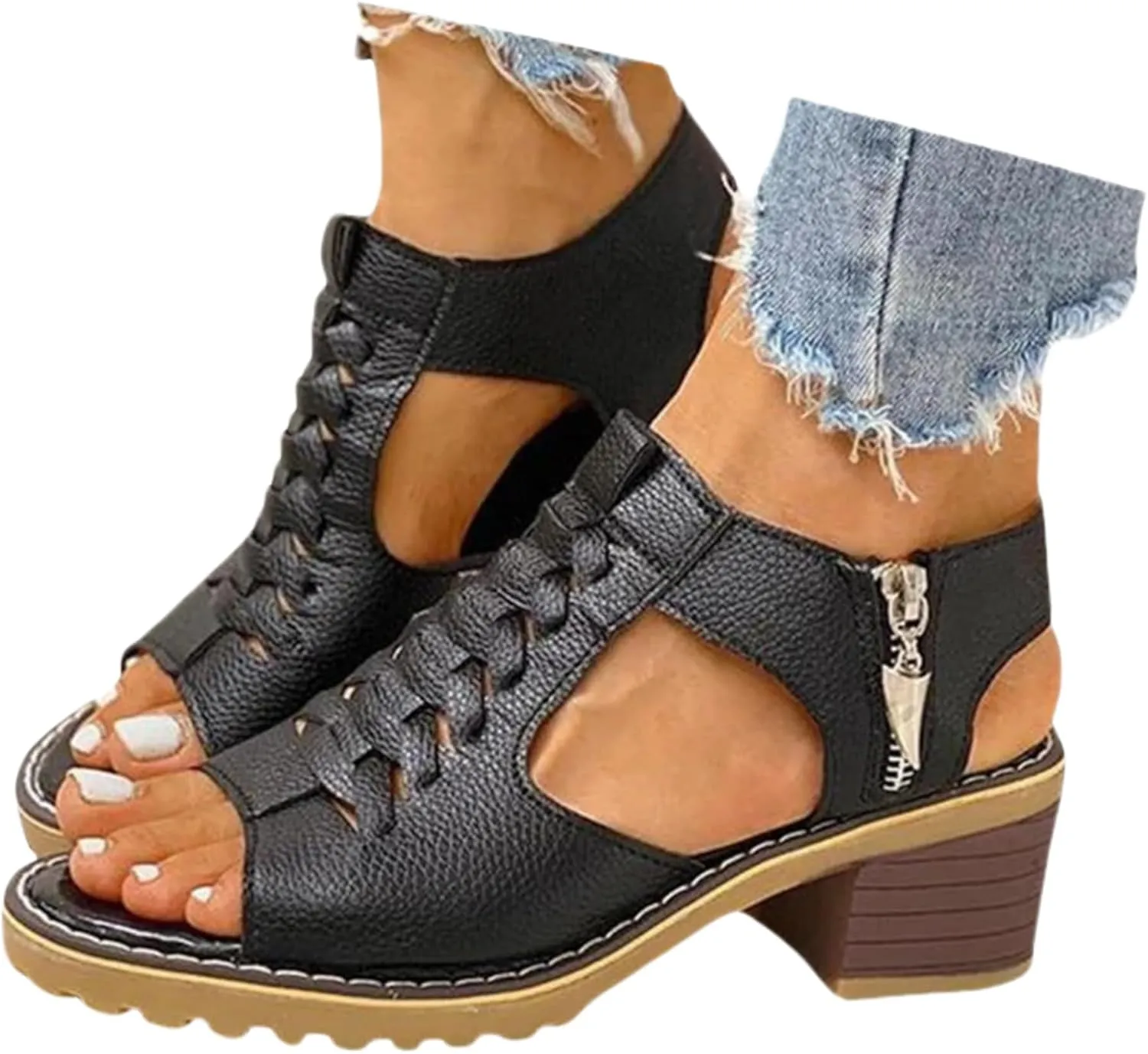 Gladiator Sandals For Women 2025,Summer Trendy Dressy Open Toe Chunky Heel Dress Cutout Block Hollow Cut Out Caged Slip-On Beach Boho Comfortable Straps Ankle Strap Zipper Back High Heel Shoes