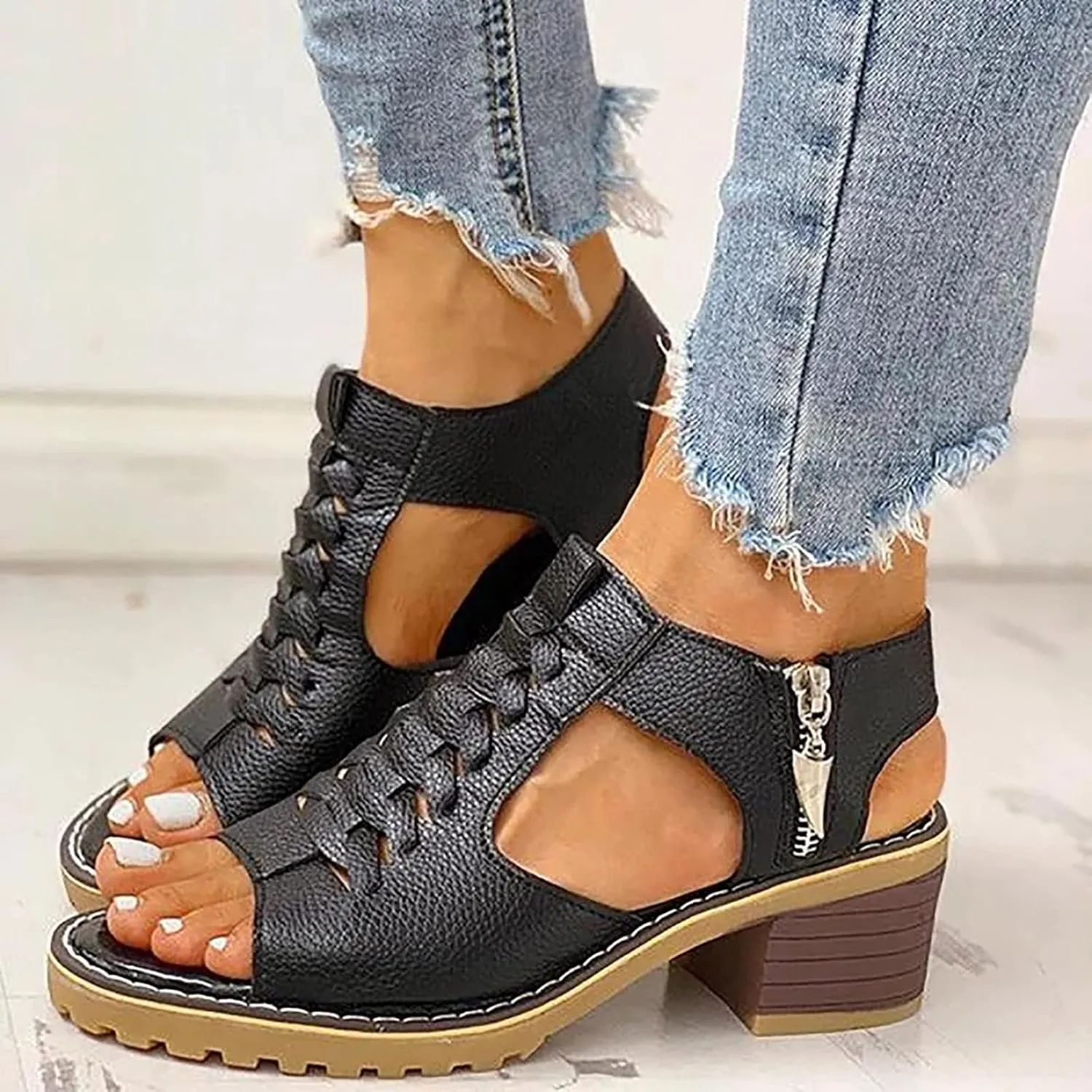 Gladiator Sandals For Women 2025,Summer Trendy Dressy Open Toe Chunky Heel Dress Cutout Block Hollow Cut Out Caged Slip-On Beach Boho Comfortable Straps Ankle Strap Zipper Back High Heel Shoes