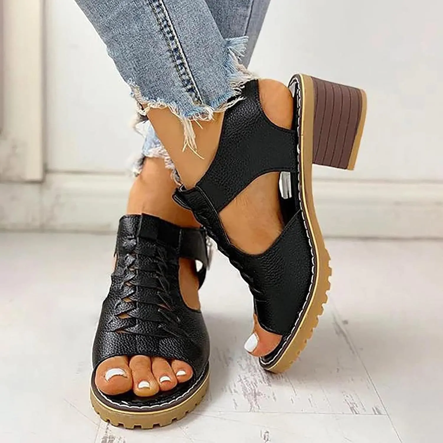 Gladiator Sandals For Women 2025,Summer Trendy Dressy Open Toe Chunky Heel Dress Cutout Block Hollow Cut Out Caged Slip-On Beach Boho Comfortable Straps Ankle Strap Zipper Back High Heel Shoes