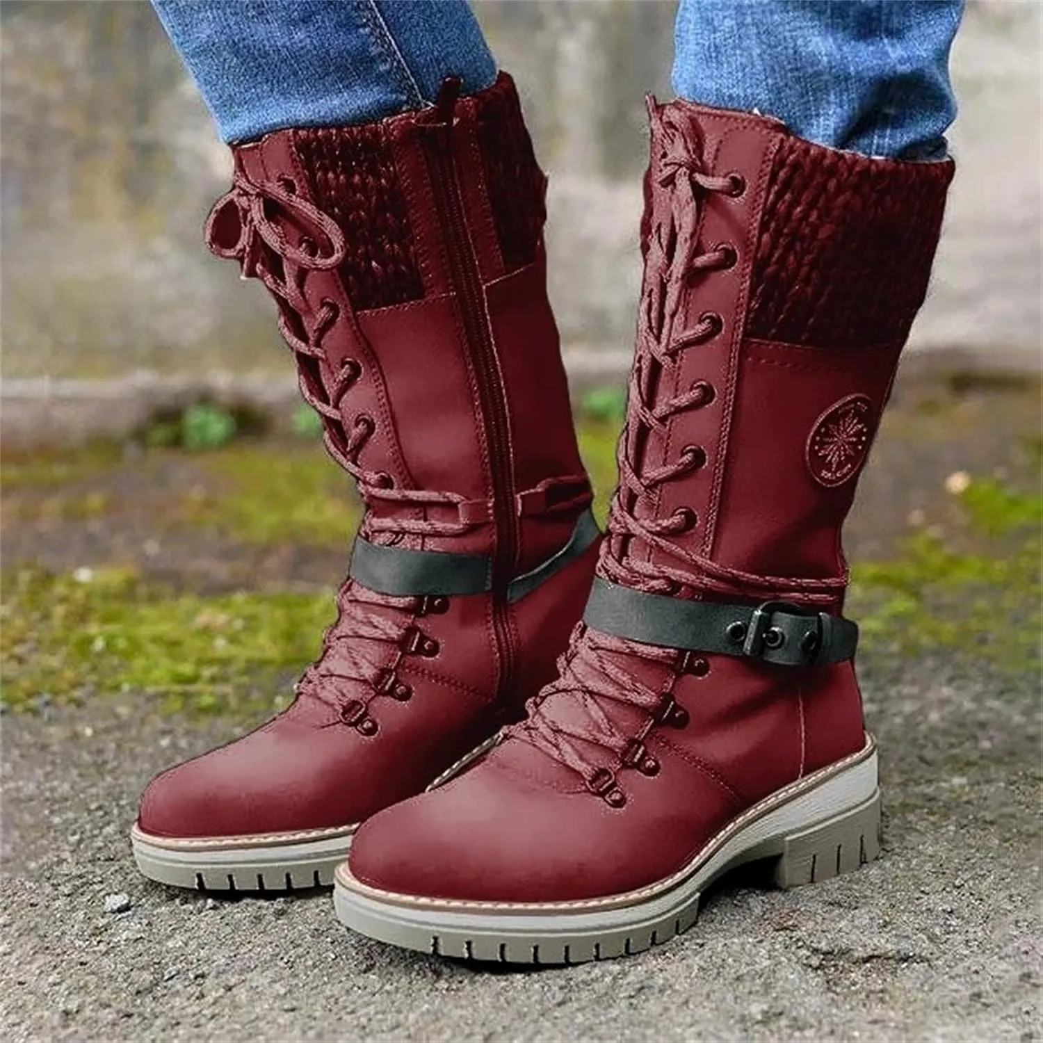 Ladmiple Combat Boots Womens Mid Calf Ankle Bootie Winter Side Zipper Low Heel Western Military Motorcycle Riding Biker Boots
