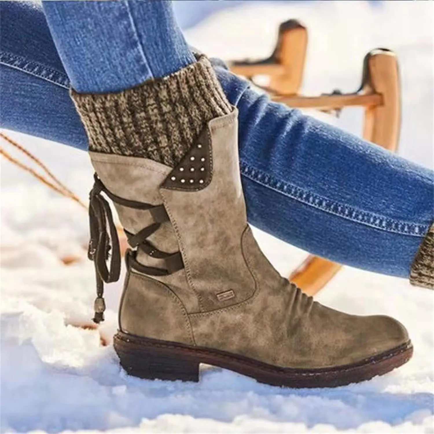 Lausiuoe Boots For Women Low Heel Sexy Western Cowboy Pointed Toe Knee High Cowgirl Wide Calf Fashion Chunky Booties