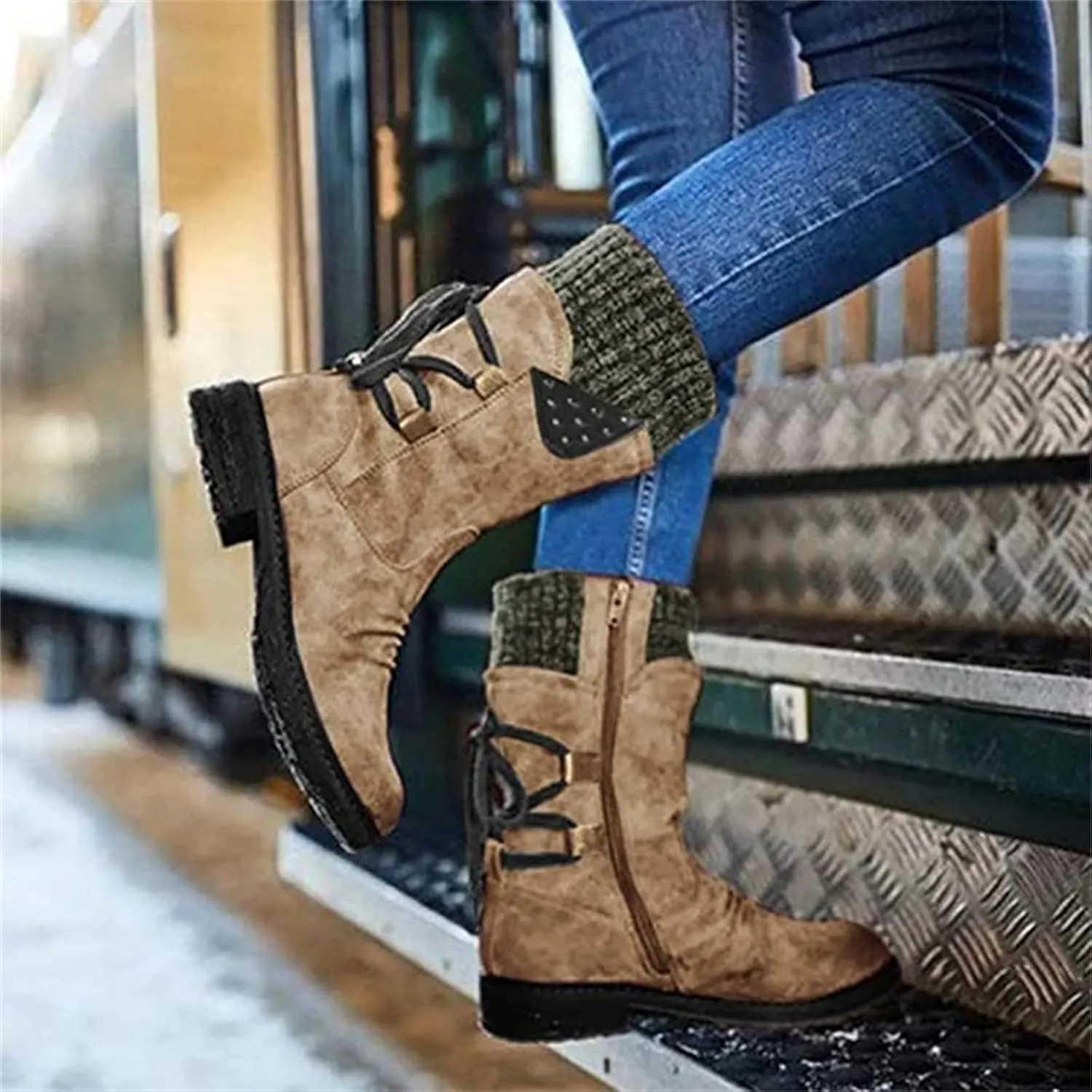 Lausiuoe Boots For Women Low Heel Sexy Western Cowboy Pointed Toe Knee High Cowgirl Wide Calf Fashion Chunky Booties