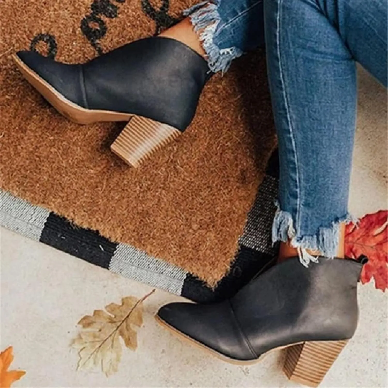 Lausiuoe Womens Boots Ankle Low Heel Chunky Block Cutout Booties Casual Dressy Wide Width Fashion Slip on Western Shoes