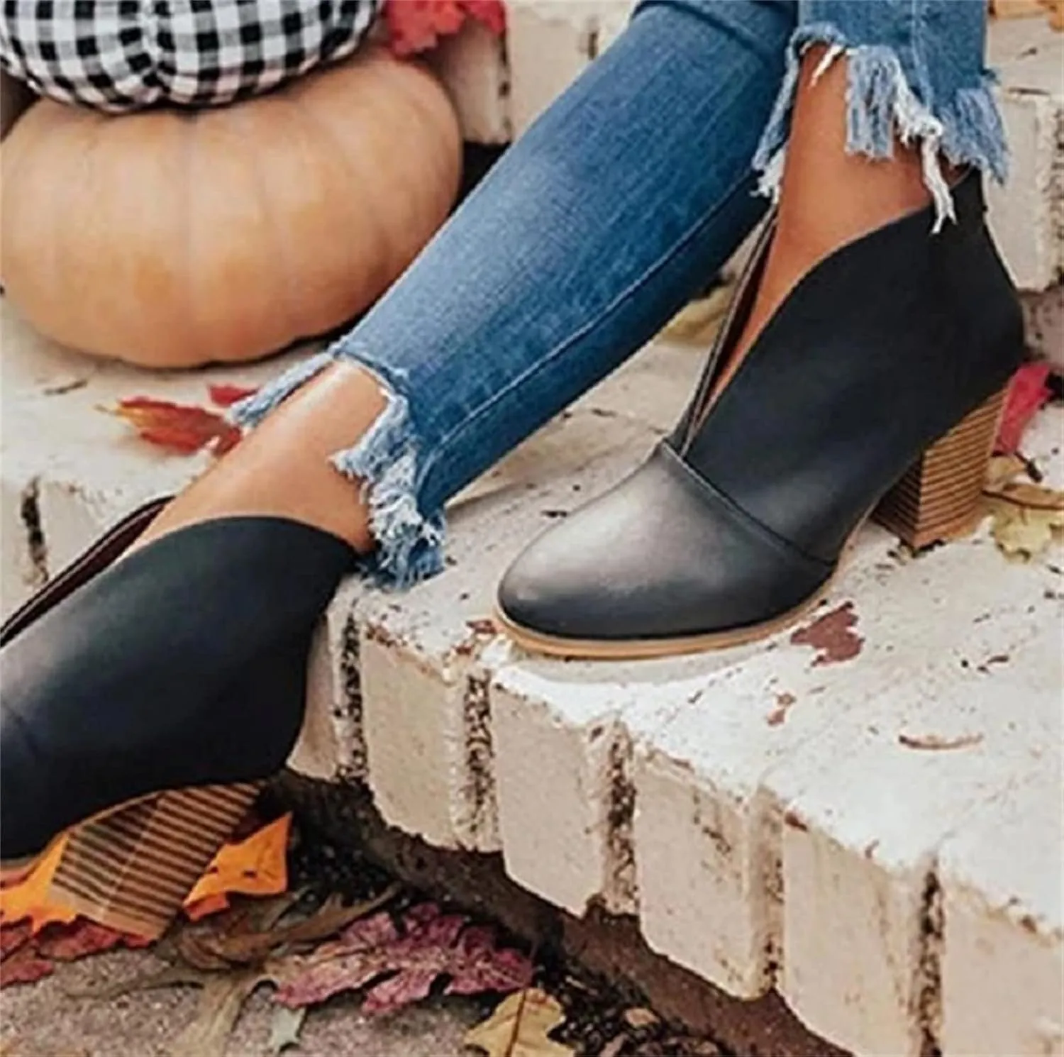 Lausiuoe Womens Boots Ankle Low Heel Chunky Block Cutout Booties Casual Dressy Wide Width Fashion Slip on Western Shoes