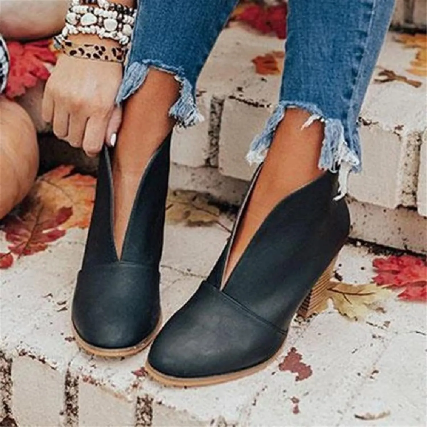 Lausiuoe Womens Boots Ankle Low Heel Chunky Block Cutout Booties Casual Dressy Wide Width Fashion Slip on Western Shoes