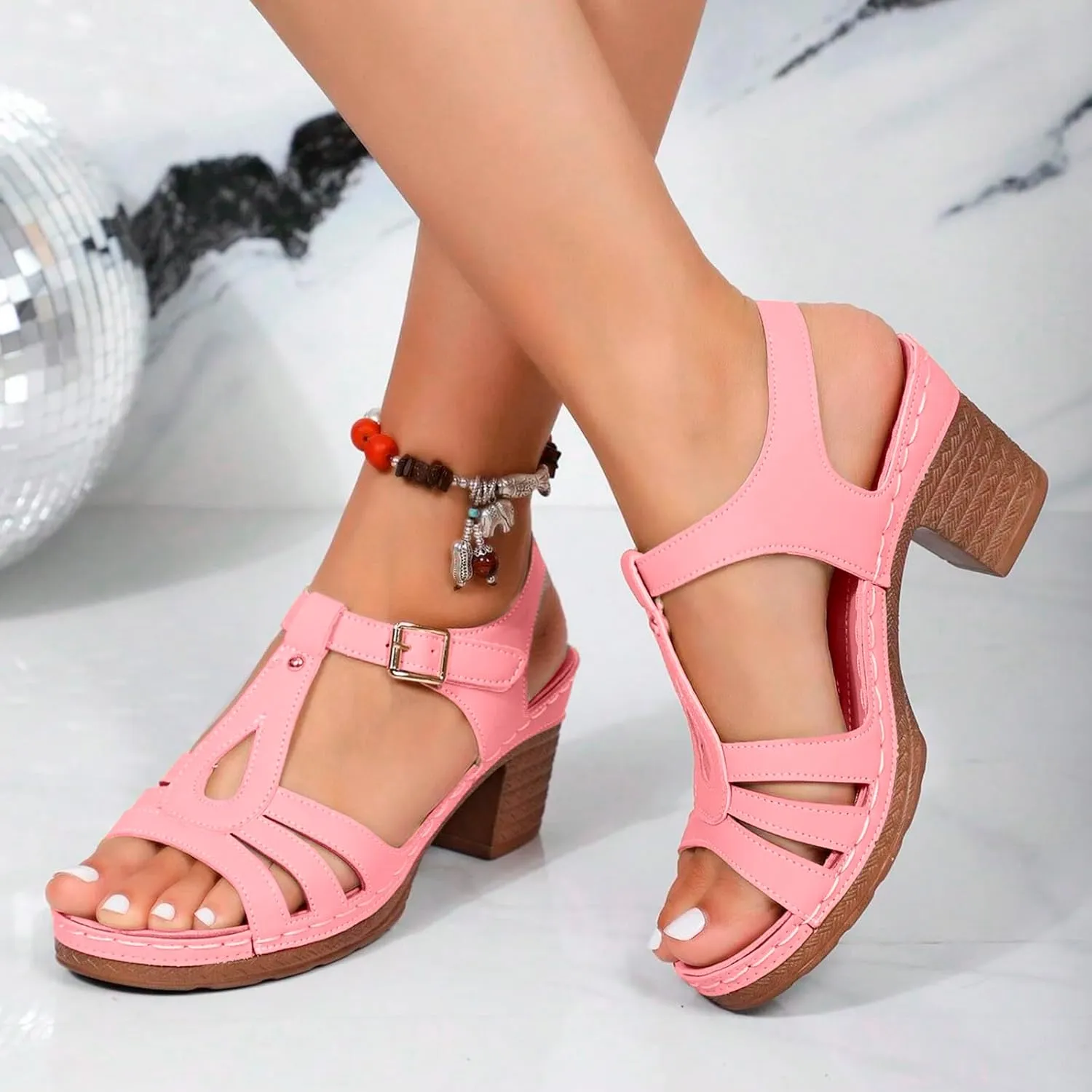 Summer Sandals for Women 2025 Open Toe Solid Color Hollow Classic Casual Chunky Heeled Comfortable Fashionable High Heels Shoes for Beach Vacation Travel Walking