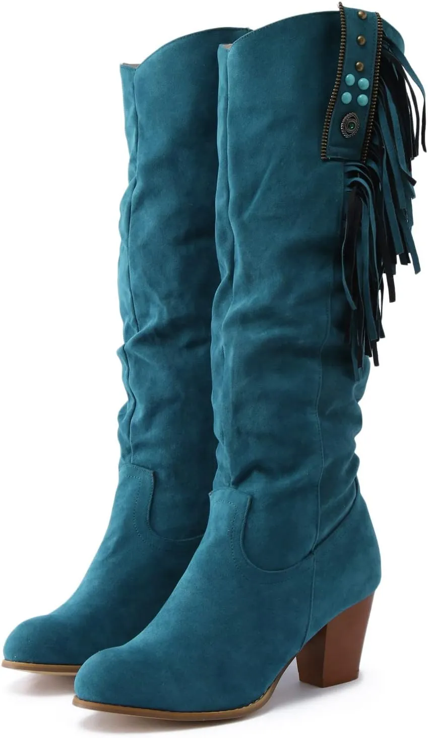 Winter Boots For Women Casual Square Heel Thigh High Boots Tassel Knee High Boots Suede Pull On Tall Bootie