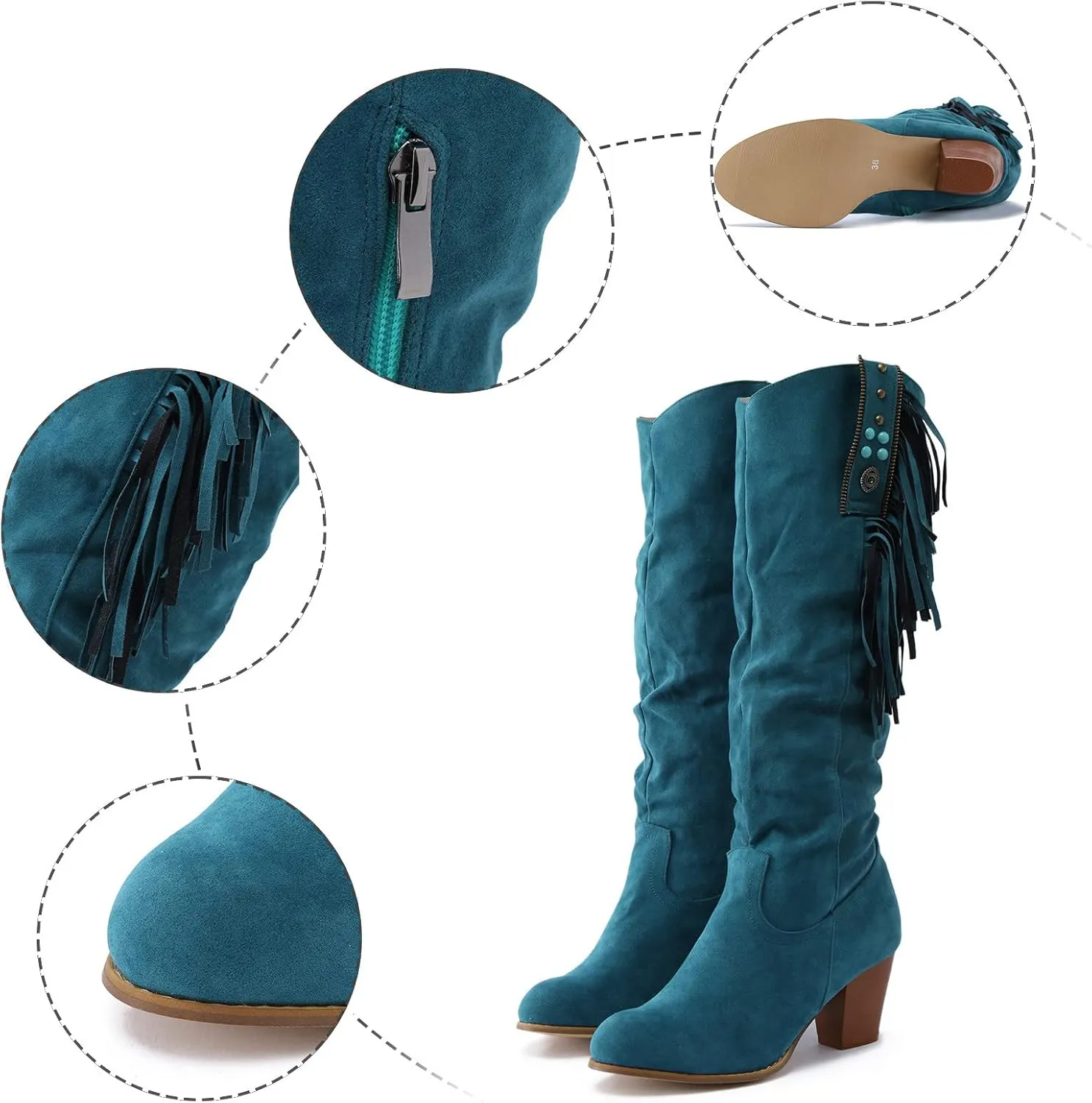 Winter Boots For Women Casual Square Heel Thigh High Boots Tassel Knee High Boots Suede Pull On Tall Bootie