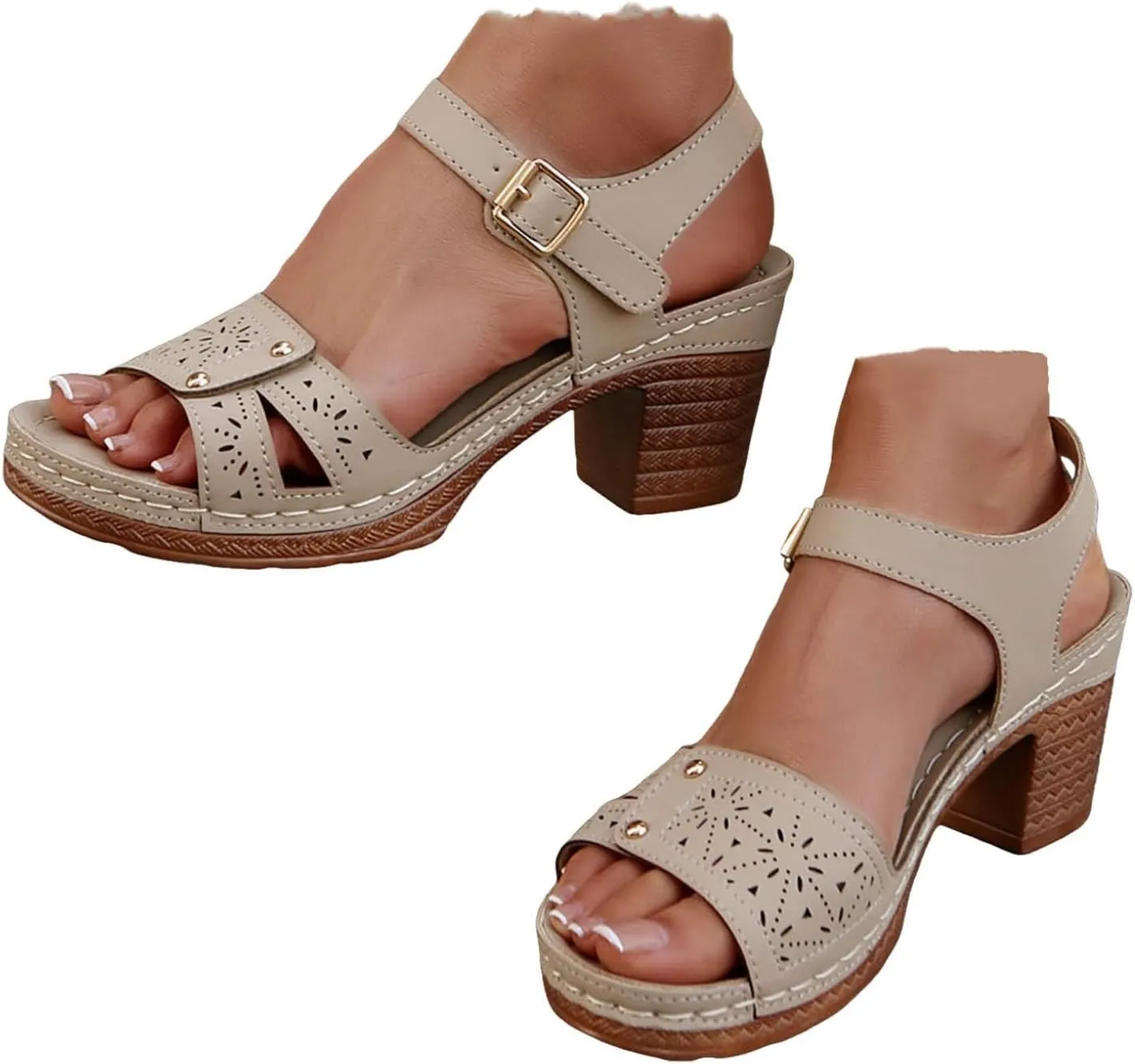 Women'S Chunky High Heel Platform Sandals 2025 Summer Casual Hollow Out Classic Lightweight Sandal Beach Adjustable Ankle Strap Dressy Outdoor Walking Working Shoes