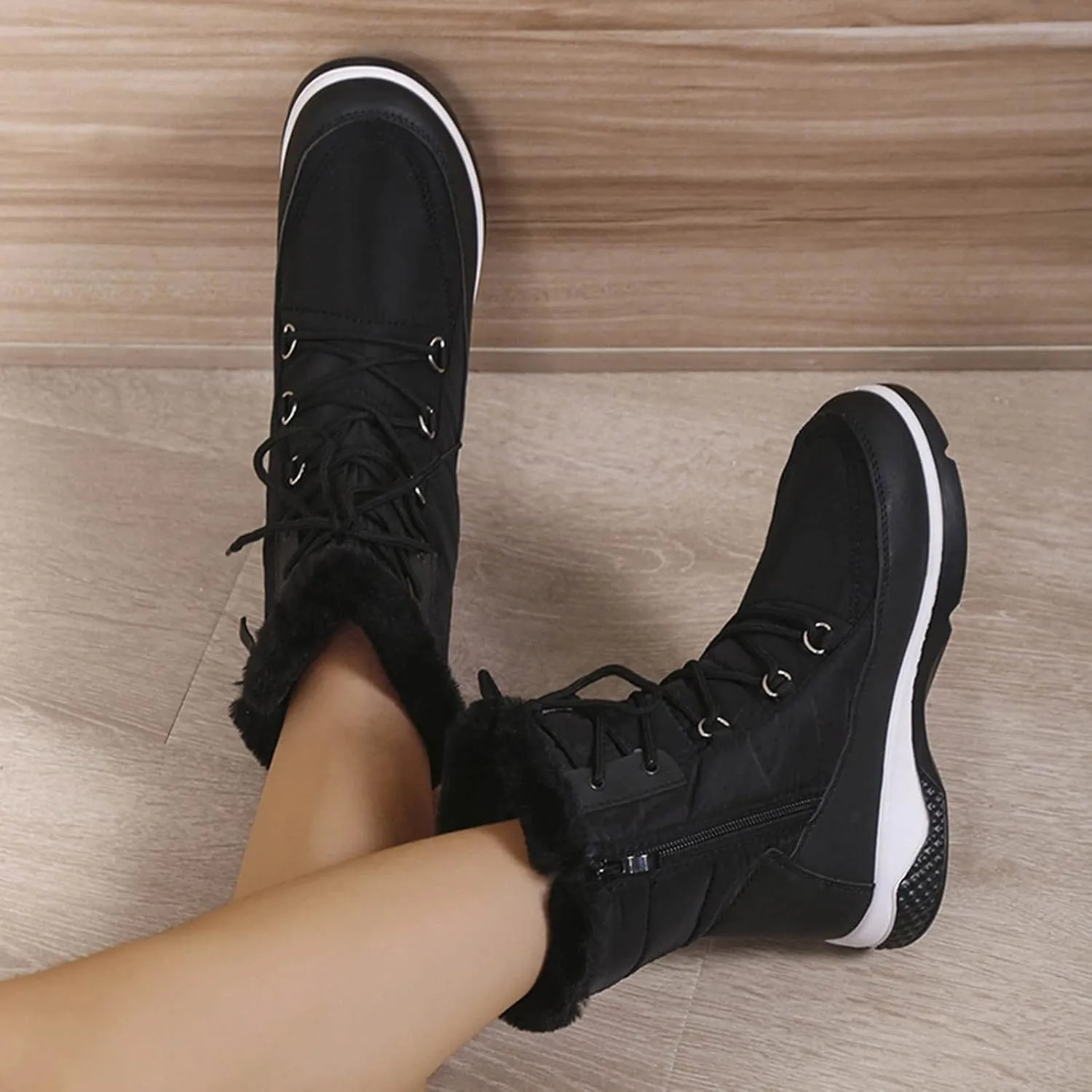 Women's Mid Calf Snow Boots Cold Proof Insulated Winter Boots Solid Lace Up Boots Thick Bottom Non Slip Boot