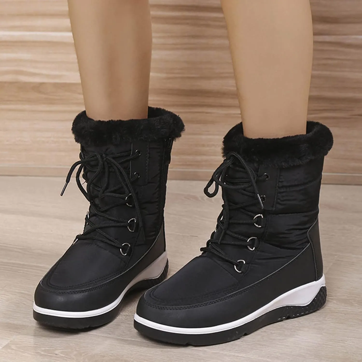 Women's Mid Calf Snow Boots Cold Proof Insulated Winter Boots Solid Lace Up Boots Thick Bottom Non Slip Boot