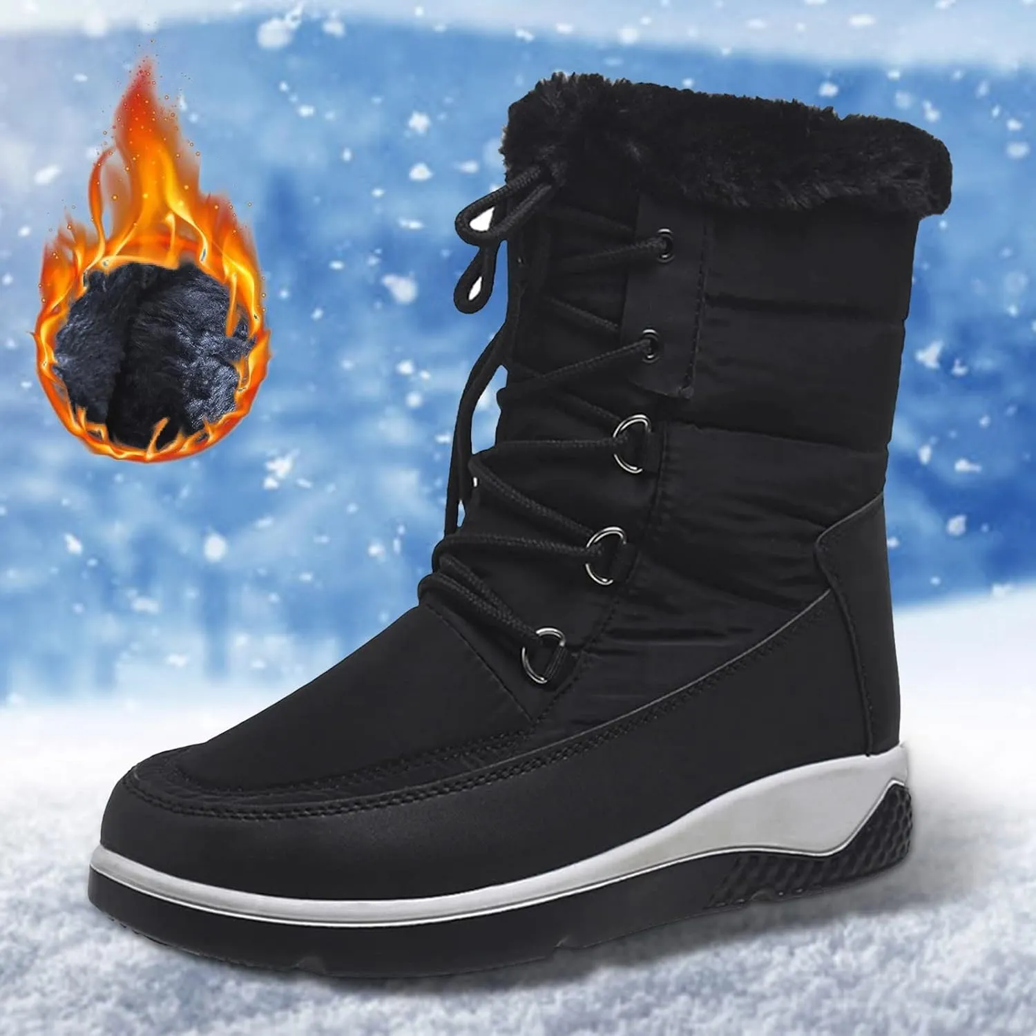Women's Mid Calf Snow Boots Cold Proof Insulated Winter Boots Solid Lace Up Boots Thick Bottom Non Slip Boot