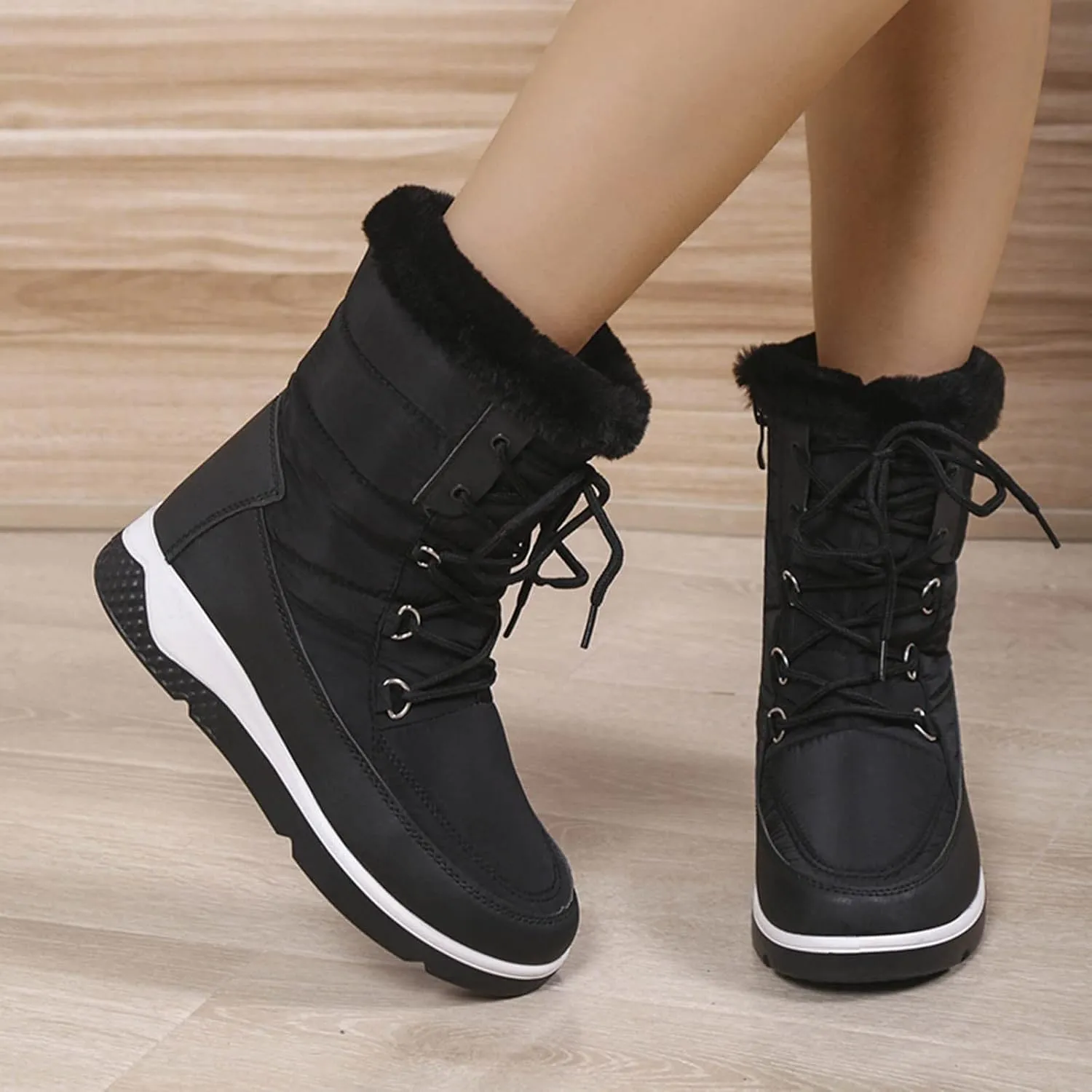 Women's Mid Calf Snow Boots Cold Proof Insulated Winter Boots Solid Lace Up Boots Thick Bottom Non Slip Boot