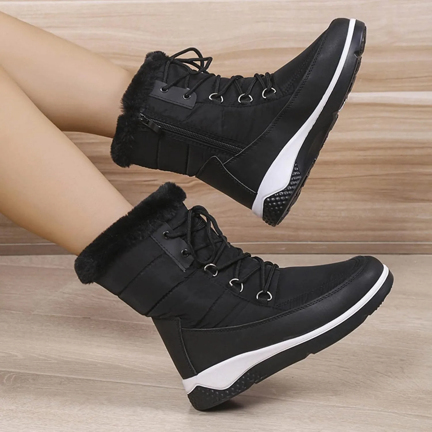 Women's Mid Calf Snow Boots Cold Proof Insulated Winter Boots Solid Lace Up Boots Thick Bottom Non Slip Boot