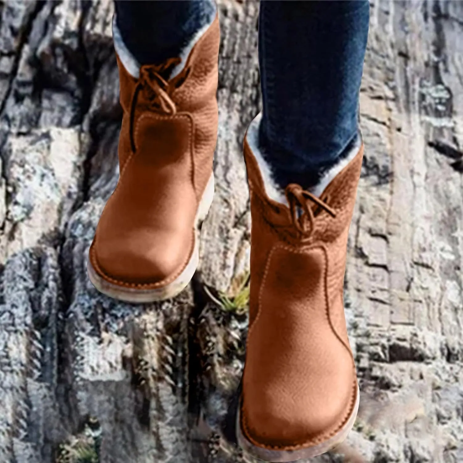 Womens Vintage Buttery-soft Waterproof Wool Lining Boots Fashion Lace Up Boots Warm Winter Boots Wide Calf FurBoots