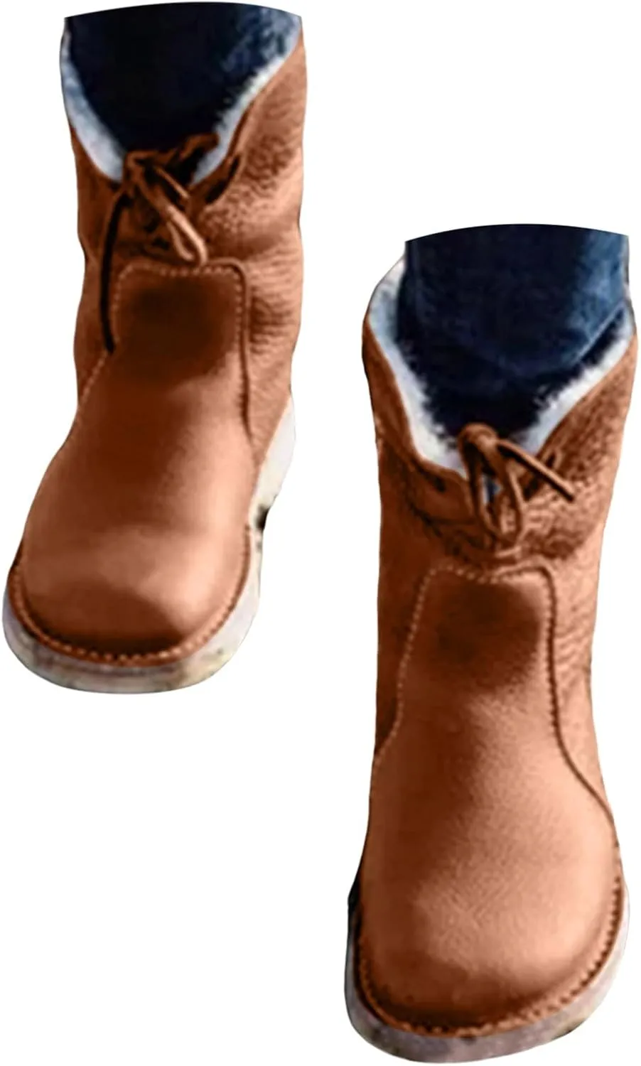 Womens Vintage Buttery-soft Waterproof Wool Lining Boots Fashion Lace Up Boots Warm Winter Boots Wide Calf FurBoots