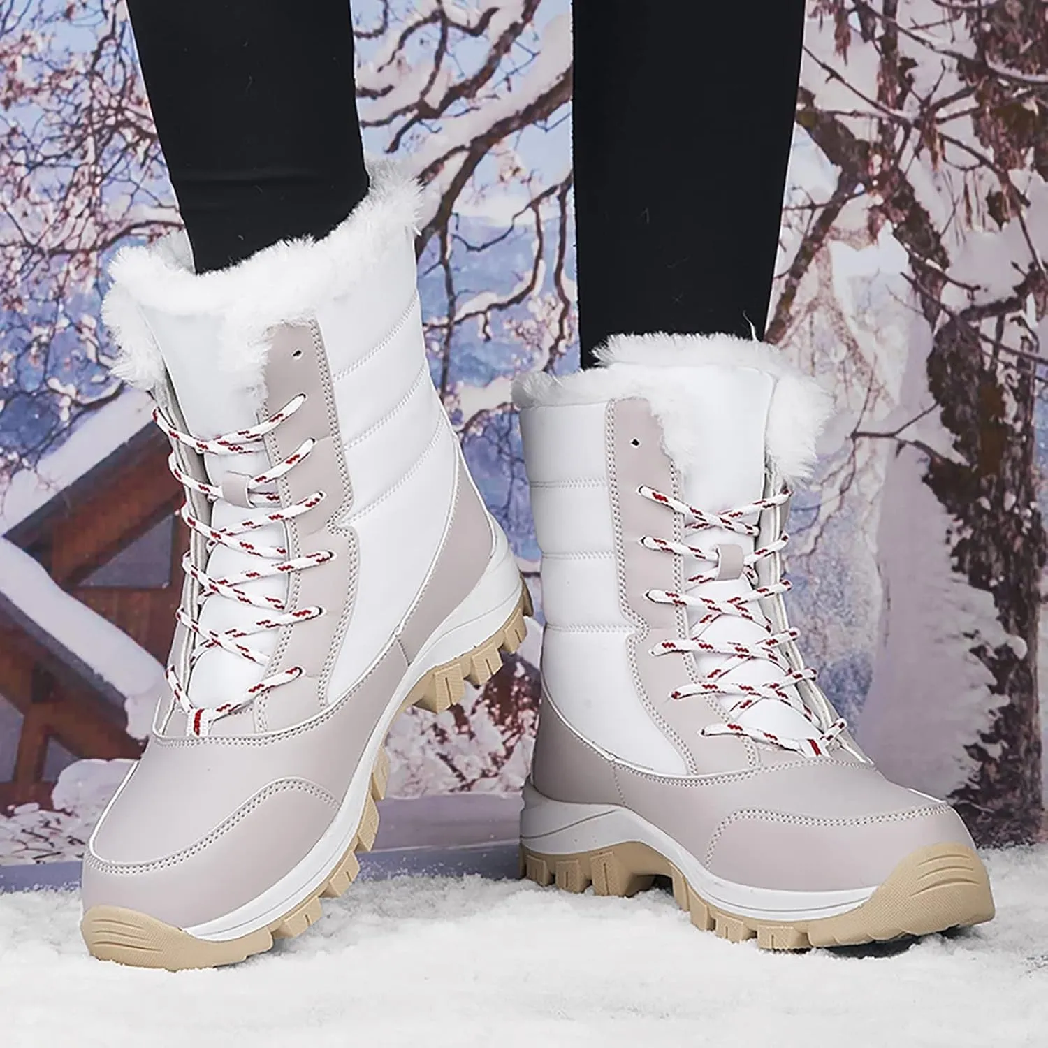 ZBYY Womens Snow Boots,Fur Lined Warm Winter Lace up Boots Mid Calf Snow Boots Outdoor Waterproof Anti-Slip Walking Boots for Women