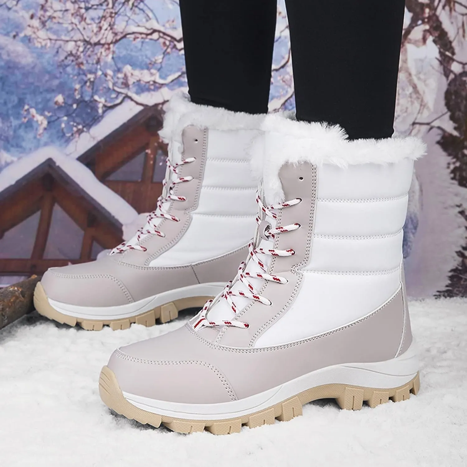 ZBYY Womens Snow Boots,Fur Lined Warm Winter Lace up Boots Mid Calf Snow Boots Outdoor Waterproof Anti-Slip Walking Boots for Women