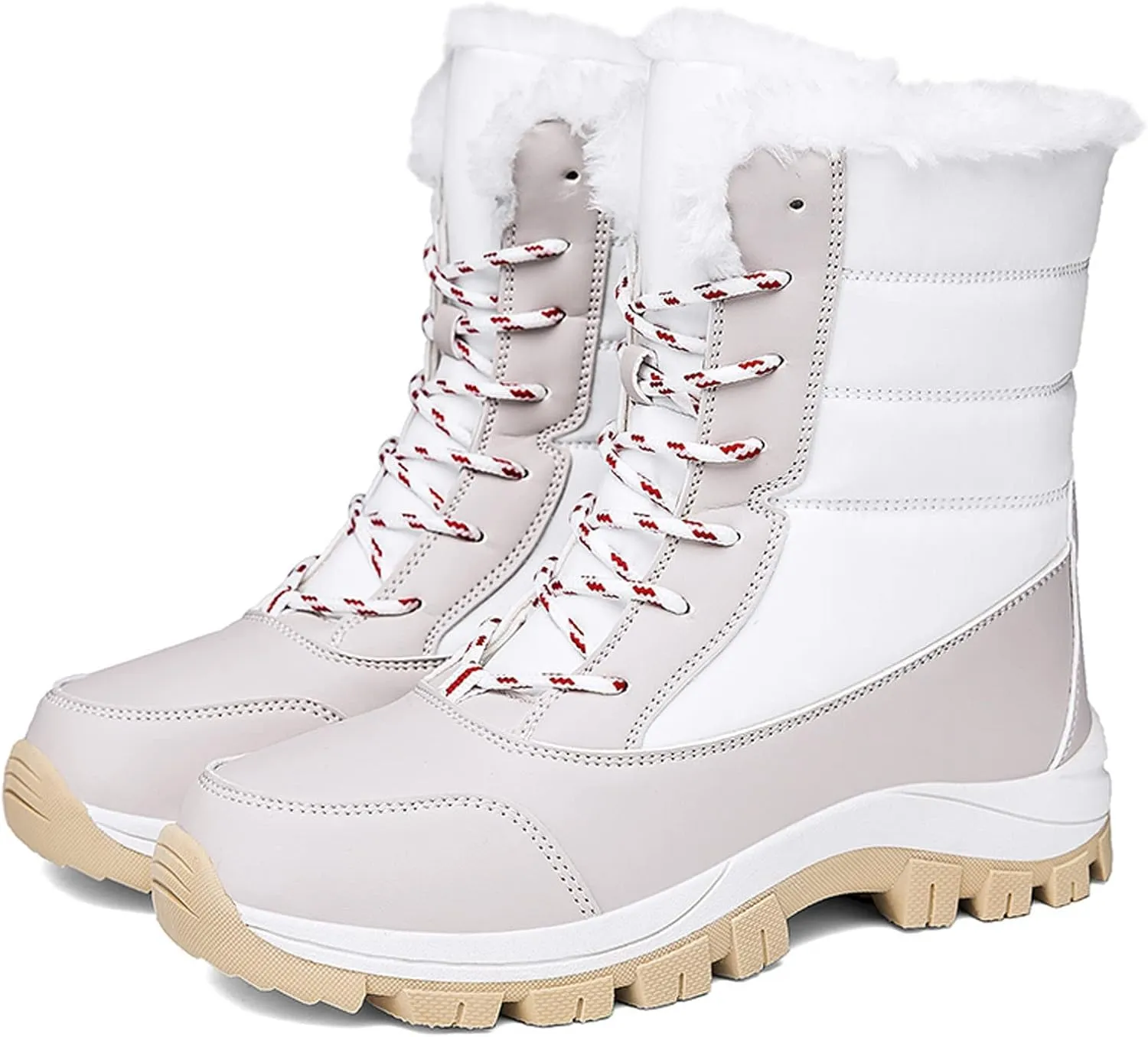 ZBYY Womens Snow Boots,Fur Lined Warm Winter Lace up Boots Mid Calf Snow Boots Outdoor Waterproof Anti-Slip Walking Boots for Women