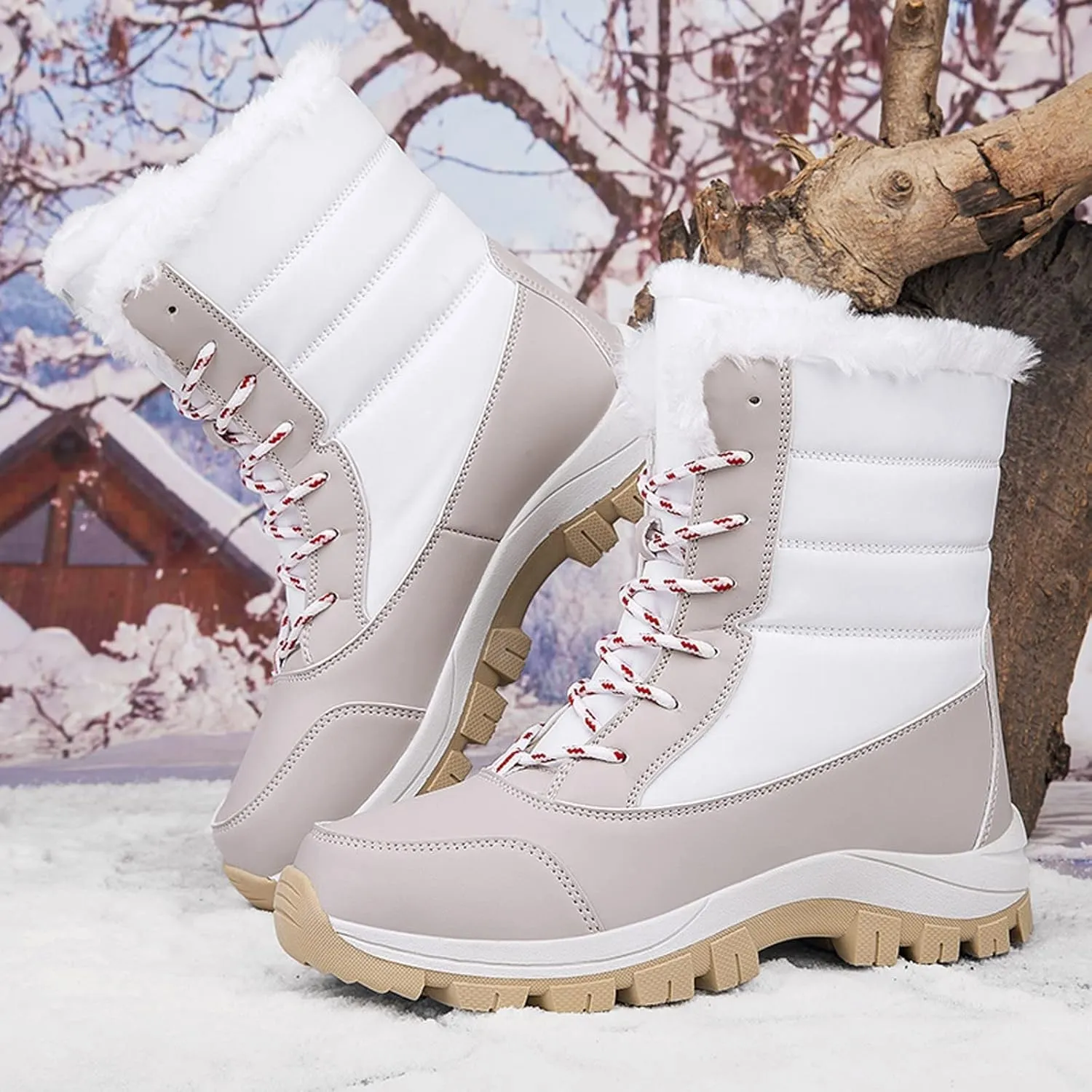 ZBYY Womens Snow Boots,Fur Lined Warm Winter Lace up Boots Mid Calf Snow Boots Outdoor Waterproof Anti-Slip Walking Boots for Women